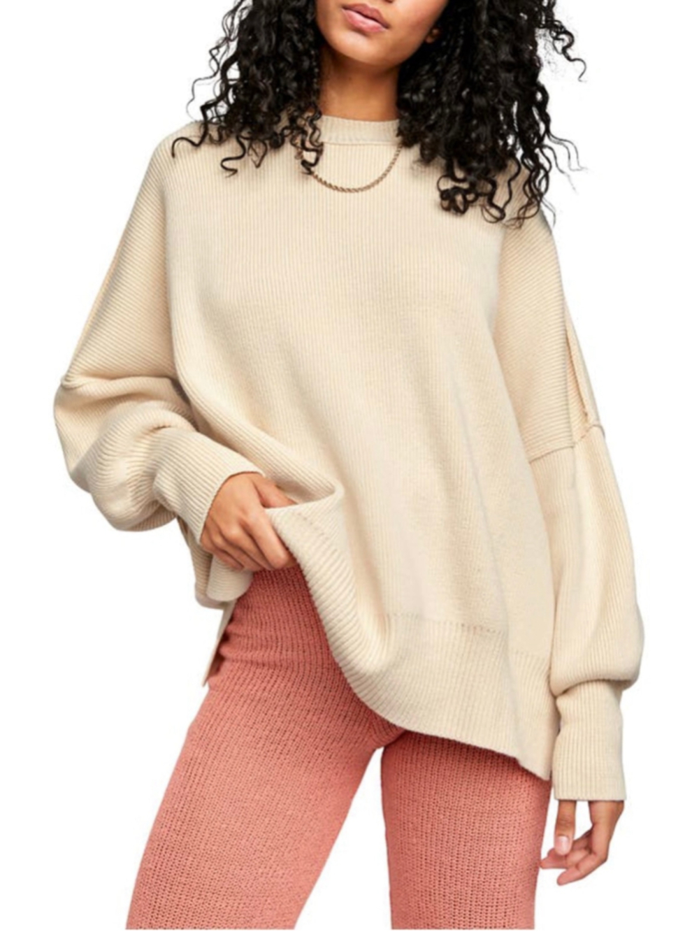 Free People Easy Street Tunic Sweater M Cream Oversized Slouchy Ribbed Knit Boho